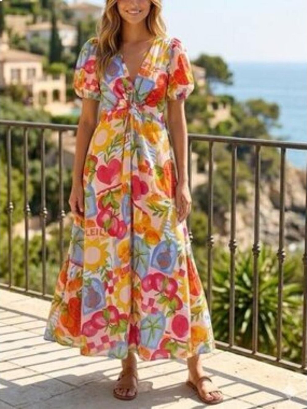 White Closet Elements citrus fruit print ruched maxi dress tropical vacation